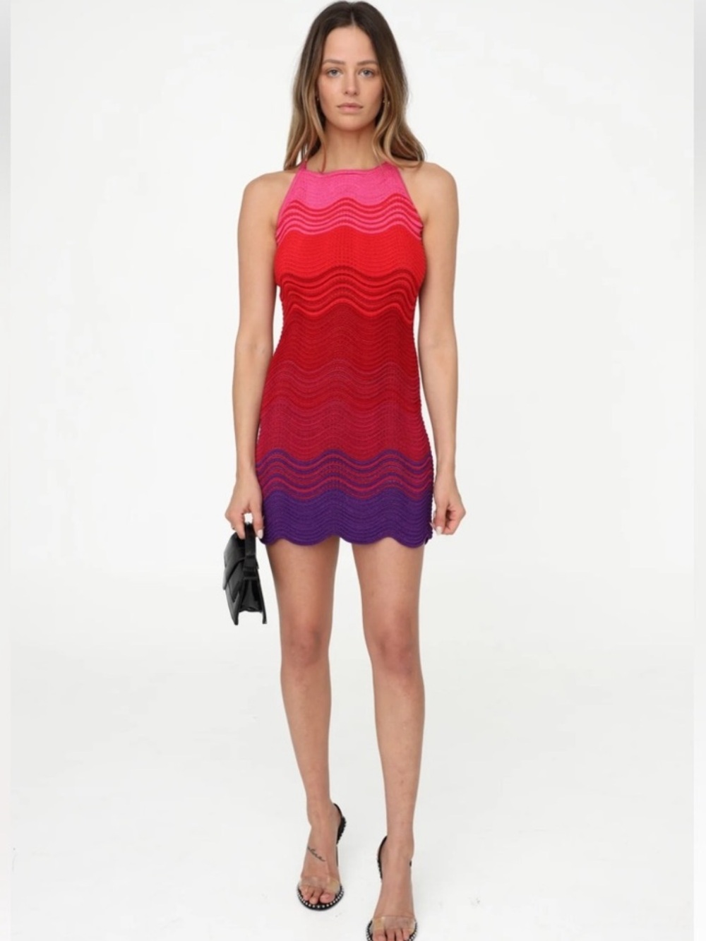 Torn by Ronny Kobo Hope Pink-Red-Purple Wave Knit Mini Dress - Size Small